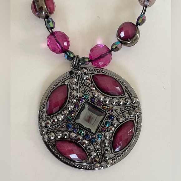 Purple Beaded Necklace with Large Gem Medallion on Black Wire - Picture 4 of 13